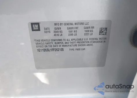 2015 Chevrolet Malibu 2Lt из США, поврежденный, VIN 1G11D5SL1FF262105